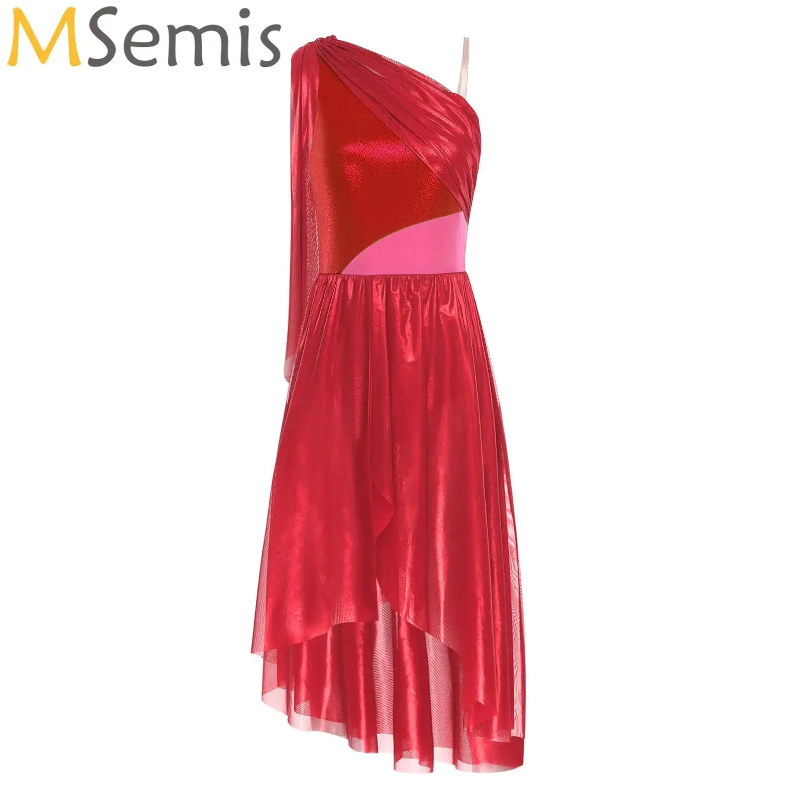 

Womens Adult Ruffled Drape Metallic Lyrical Dance Dress Ballet Gymnastics Leotard Figure Skating Contemporary Modern Costume