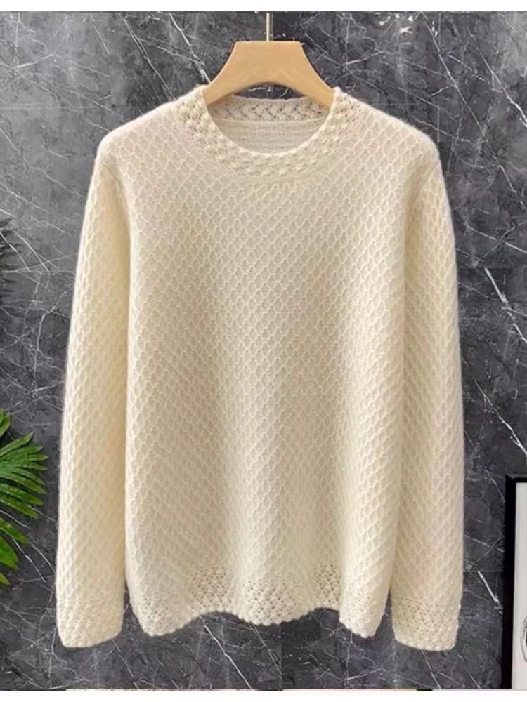 100% Pure Wool Women's Sweater 2024Autumn/Winter Heavy Industry Hook Flower Hollow Fashion Half High Neck Loose Knitted Pullover