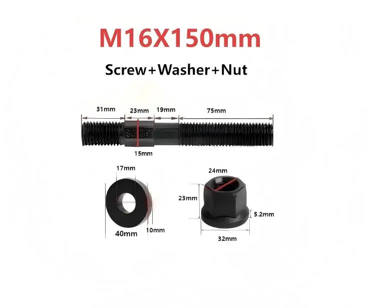 Middle hexagonal screw+washer+nut,Stud bolt,M16,12.9 Grade,Double-ended bolt,pressing plate screw,Stud Screw Rod,1 set
