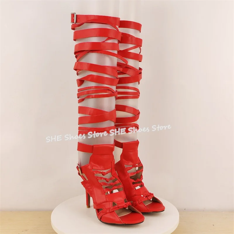 

Женские сапоги до колена с узким ремешком и пряжкой на ремне в римском стиле, длинные сапоги с открытым носком на высоком каблуке, летние крутые сапоги