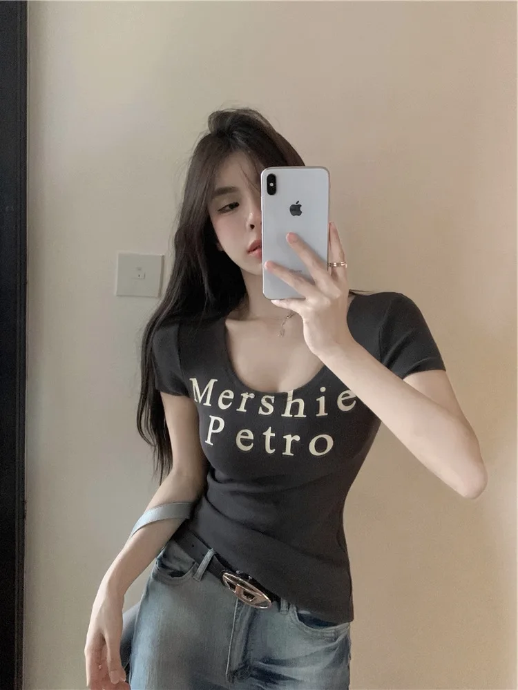 2025 ฤดูร้อนTเสื้อผู้หญิงVคอY2k Kpop Vintageสาวร้อนพิมพ์Vคอสั้นเสื้อยืดCrop Topผู้หญิงTeesเสื้อผ้า