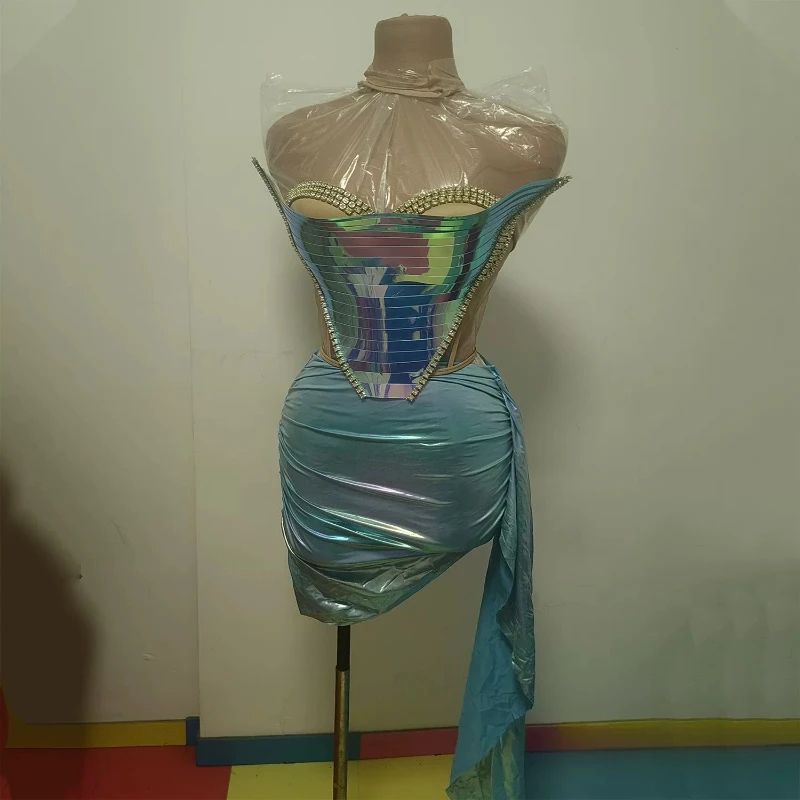 Silver Metallic Corset Bodysuit with Fishbone Waist Belt Sexy Club Stage Performance Outfit Shiny Fringe Bustier Top for Dance view 6