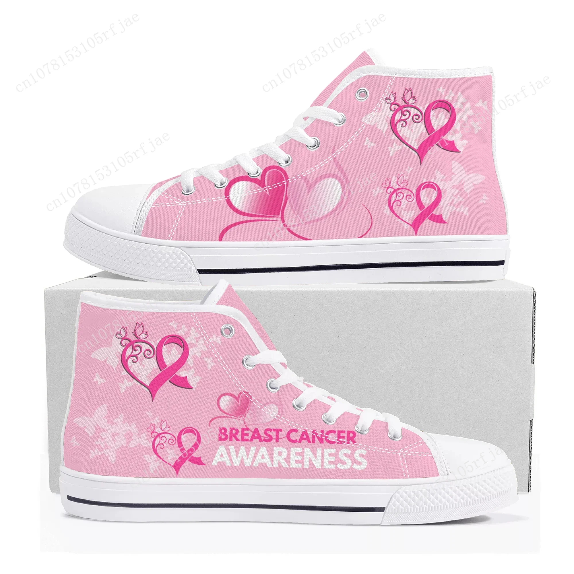 Breast Cancer Awareness Pink Ribbon Design High Top Sneakers Mens Womens High Quality Canvas Shoes Casual Tailor Made Sneaker