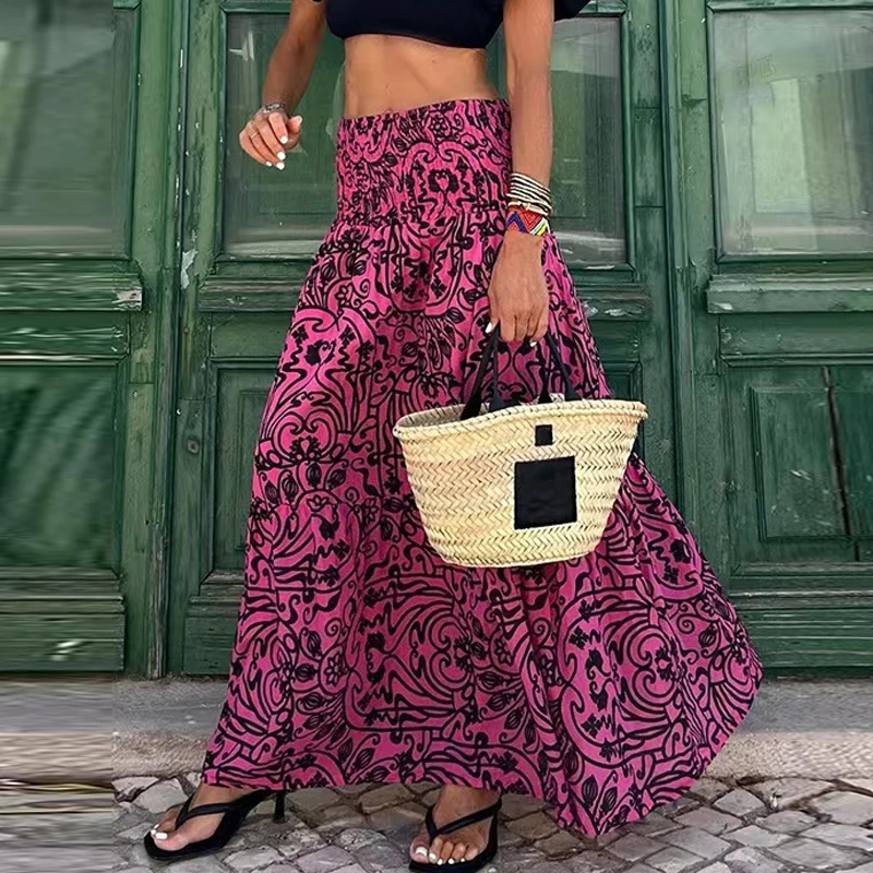 Elegant Fashion Printed A-line Women Skirts Casual New Loose Summer Long Skirt Female Elastic High Waist Ladies Skirts Clothes