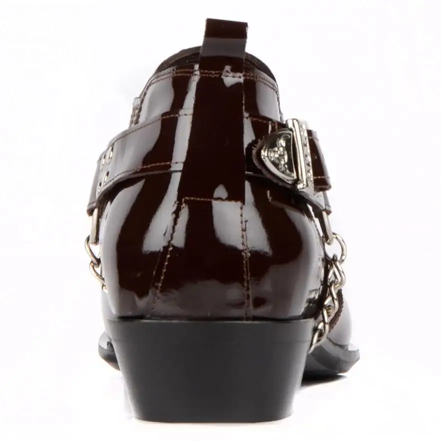 FootCourt Men Cowboy Boots Brown Patent Genuine Leather New Collection Pointed Toe Riding Short Boot Handmade military Model