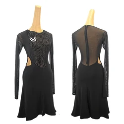 New Women's Latin Dance Dress Split Long Sleeve Mesh Beauty Back Dress Tango Cha Lunba Professional Performance Dress