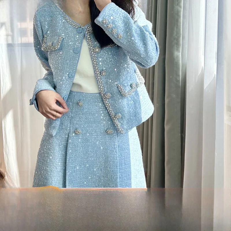 

Elegant Plaid Outerwear with Shiny Sequin Trim round Neck Half Skirt Set Women's Fashion Autumn Winter New Arrival Casual Spo...