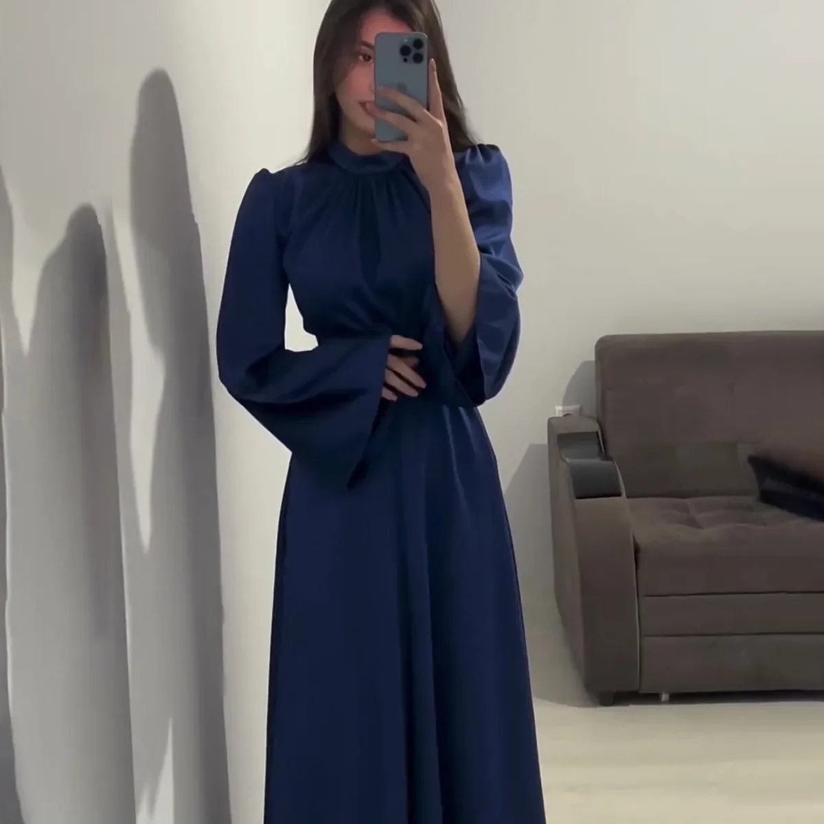 Casual Solid Long Sleeve Muslim Abayas Spring Summer Women Dresses O-neck Loose Muslim Maxi Dress Party Evening Dress Vestidos