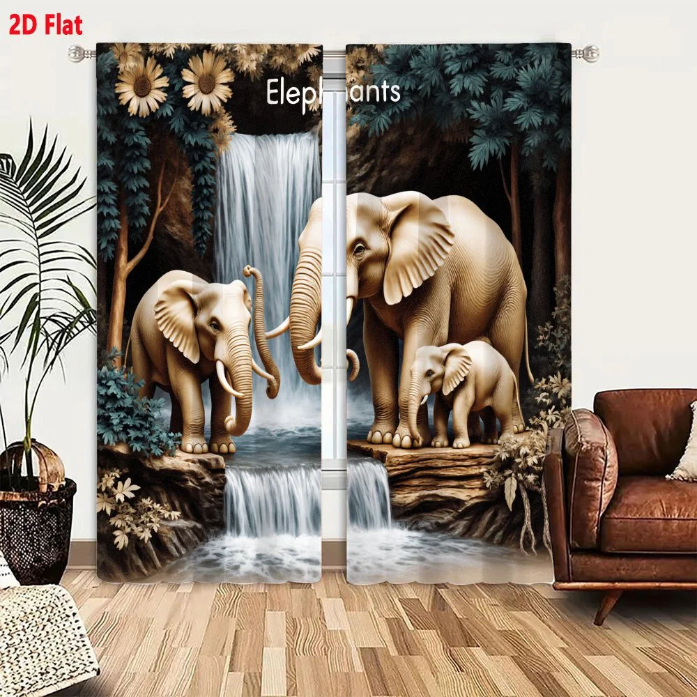 2Pcs Curtains 2D Flat Artistic Scene Of Three Elephants Adult Juvenile Calf Around Waterfall In Lush Natural Setting With Teal B