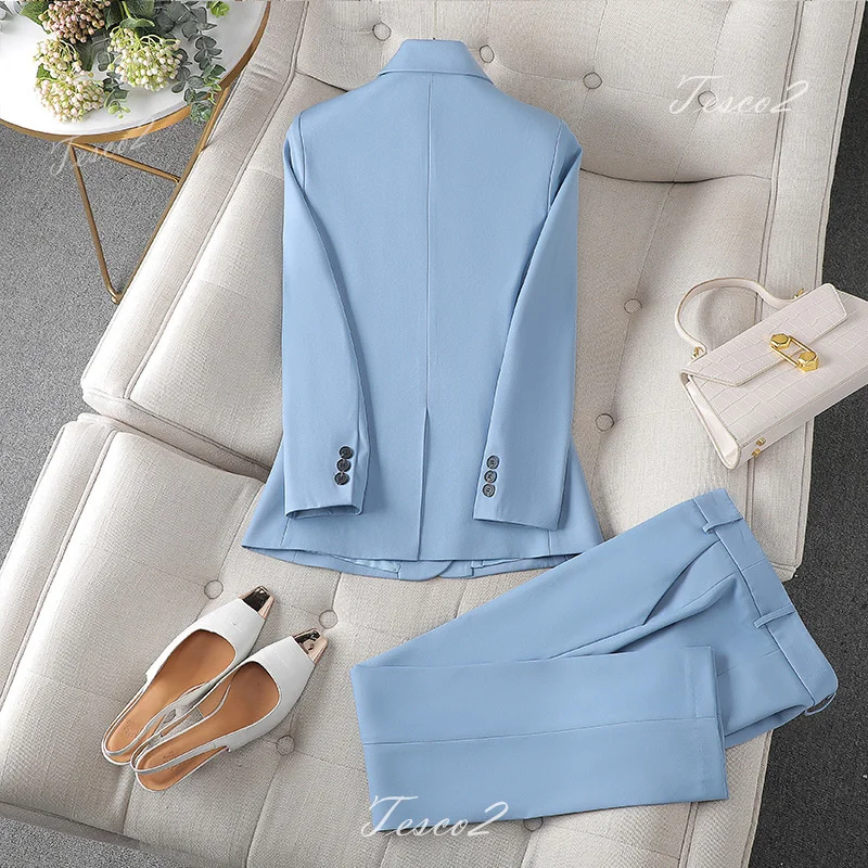 Tesco Fashion Blue Women\'s Suit Notch Lapels Blazer Pants Office Slim Pantsuit Casual Female Outfits 2 Piece ropa de mujer