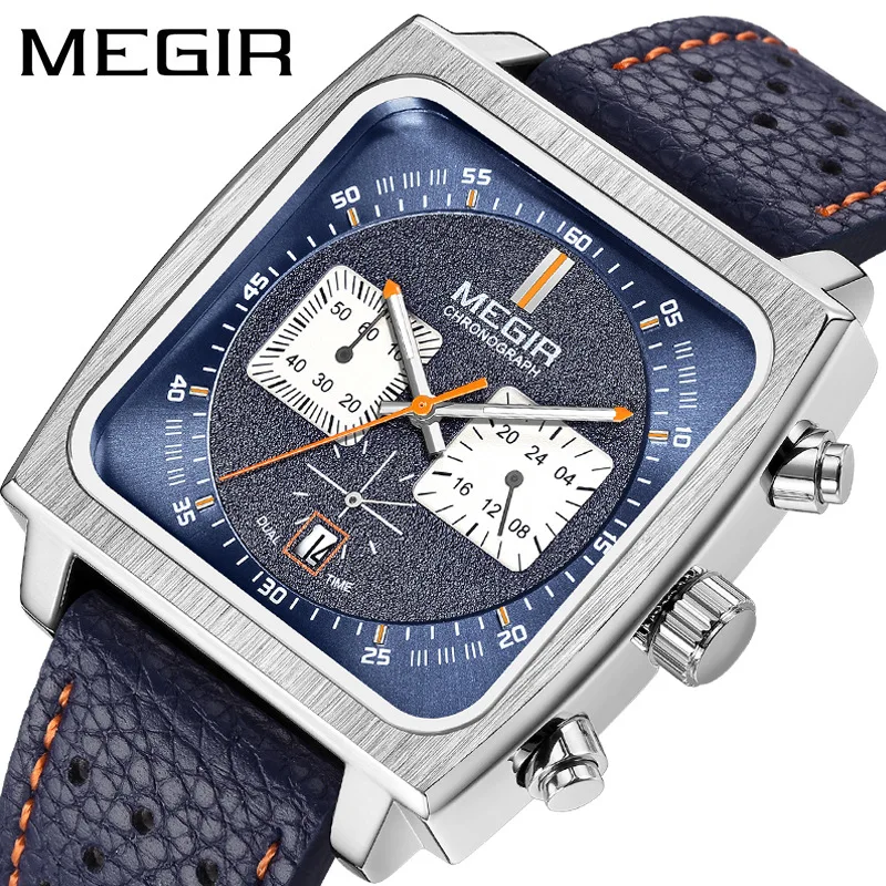 MEGIR 2182 Square Dial Men's Quartz Watch Fashion and Elegant Business Date Chronograph Blue Black Leather Strap Watch Reloj