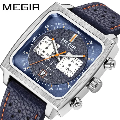 Reloj MEGIR 2182 de cuarzo con esfera cuadrada para hombre, reloj elegante y a la moda con cronógrafo y fecha de negocios, reloj con correa de cuero azul y negro