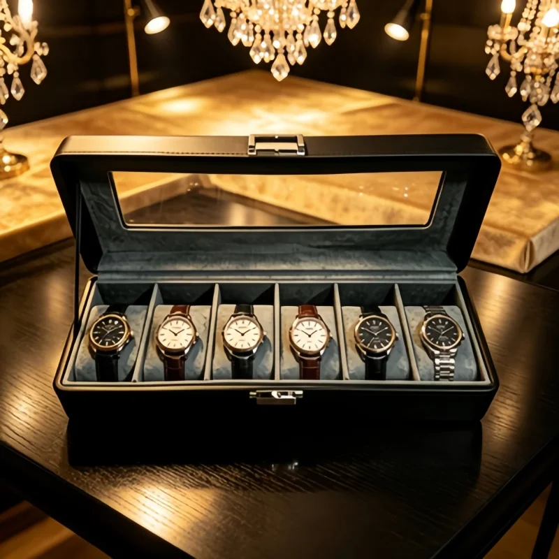 Luxury 6 Slot Leather Watch Box with Lock, 3Pcs Watch Display Organizer + 2 Self-Closing Pouches for Men Watch Lovers