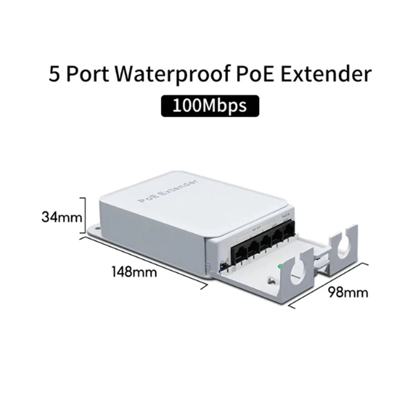 5 Port Waterproof POE Extender 4 Port Repeater 100Mbps Outdoor Network IP55 VLAN 44-57V For POE Camera Wireless AP Easy Install