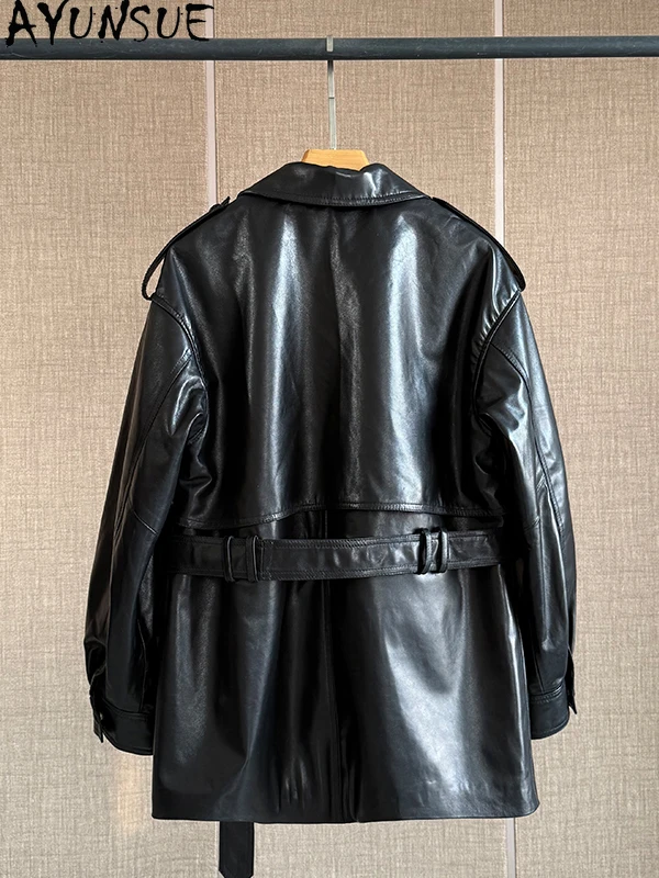 AYUNSUE 100% Genuine Sheepskin Women's Coat 2025 Autumn Mid Length Trench Coat Woman Clothes Leather Jackets with Belt 가죽자켓 여성