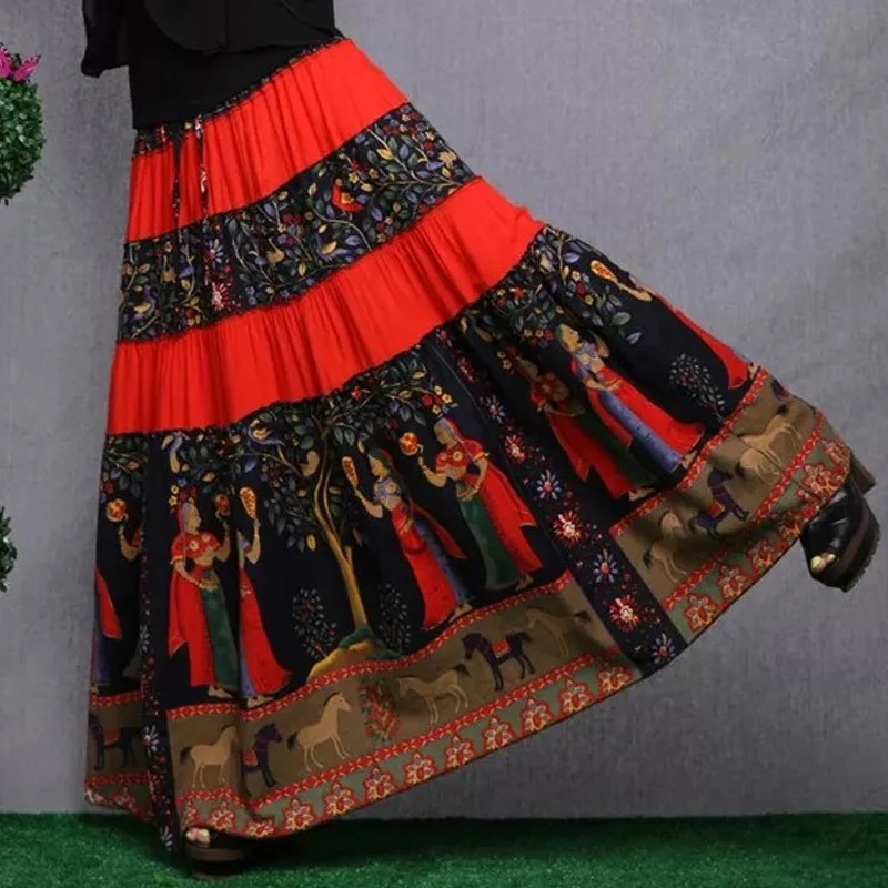 Bohemian printed pattern Spring and Autumn original design ethnic style women's printed patchwork long skirt