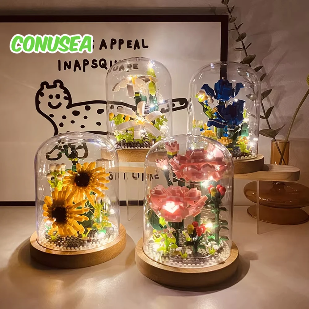 LED 빌딩 블록 영원한 꽃 꽃다발 분재 미니 블록 인공 꽃 벽돌 홈 인테리어 생일 선물 소녀 어린이