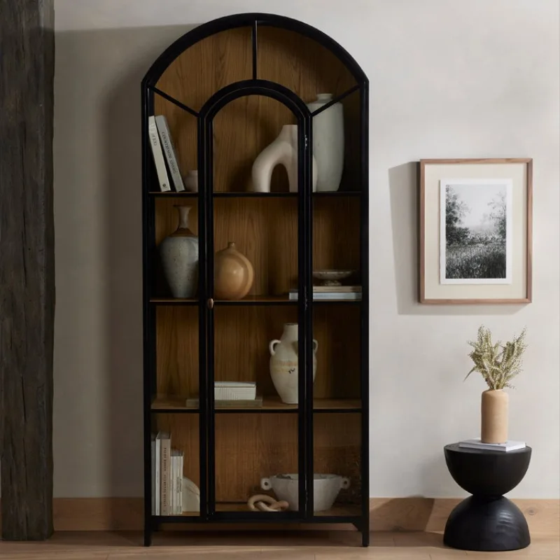 

American retro display cabinet solid wood glass door bookshelf suitable for living room, study, bedroom