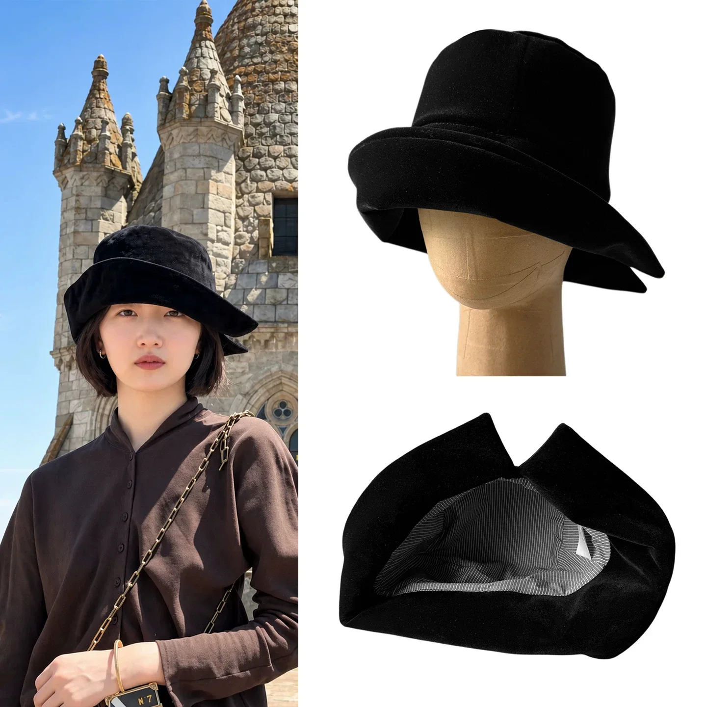 2027 Autumn Winter Black Velvet Envelope Flip Brim Beret for Women, Asymmetrical Rolled Edge Fashion Hat