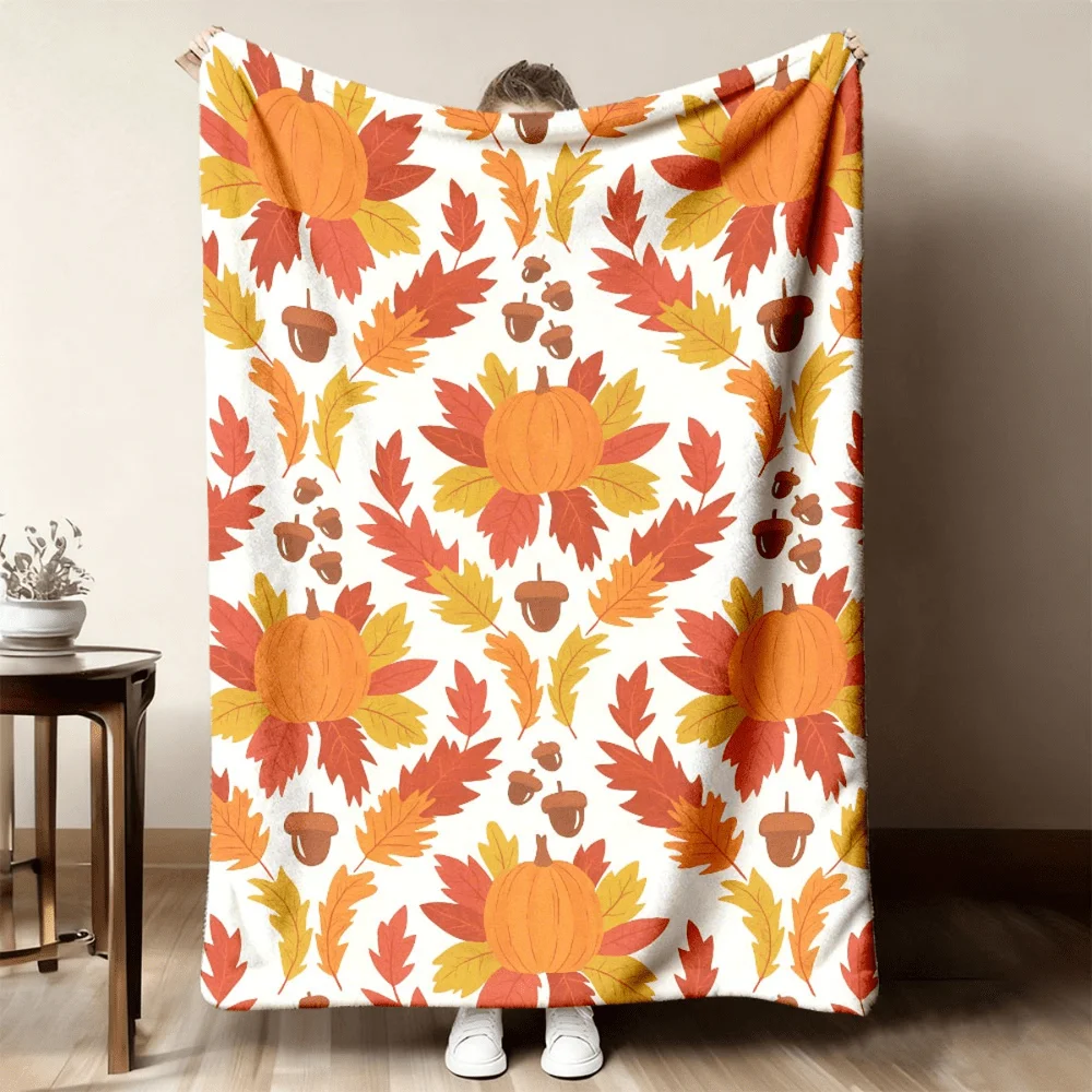 2026 New Arrivals 1pc Autumn Harvest Flannel Blanket Soft Light BeigeFriendly AllSeason Throw with Pumpkin & Maple Leaf Design, Perfect for Home, Camping, Travel, and Gifts, Cozy Fall Decor, Cozy Fall Decor