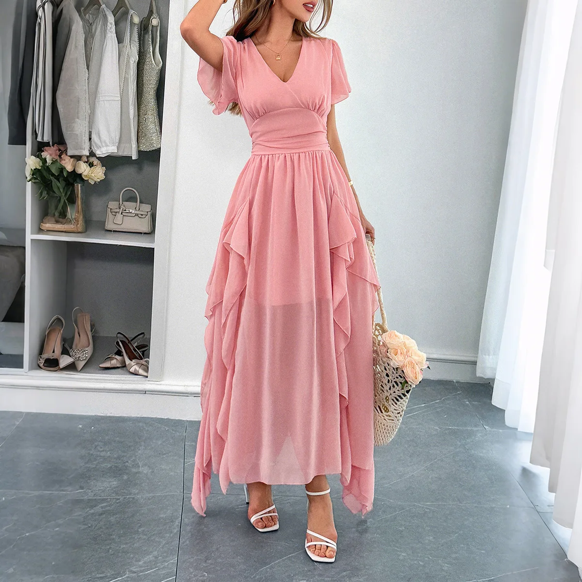 2025 New Fashion Casual Vacation Style Long Dress V-Neck Short Sleeve Waist Summer Dress Boho Beach Women's Vestidos