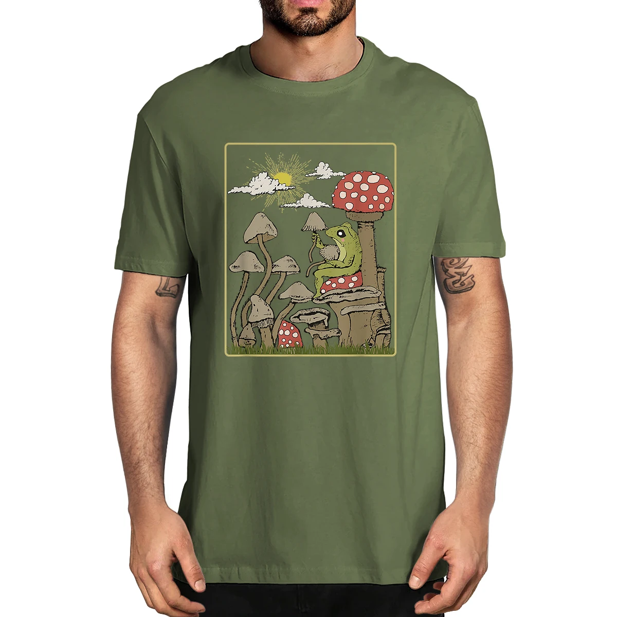 

FP100% Cotton Goblincore Aesthetic Cute Frog On Mushroom Men's Novelty T-Shirt Women Casual Harajuku Fashion Tee Streetwear