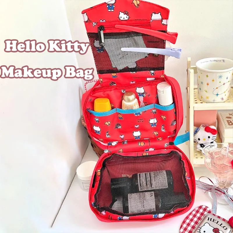 

Kawaii Hello Kitty Makeup Bag with Hooks Hanging Toiletry Bag Foldable Travel Waterproof Multiple Pockets Lightweight Storage