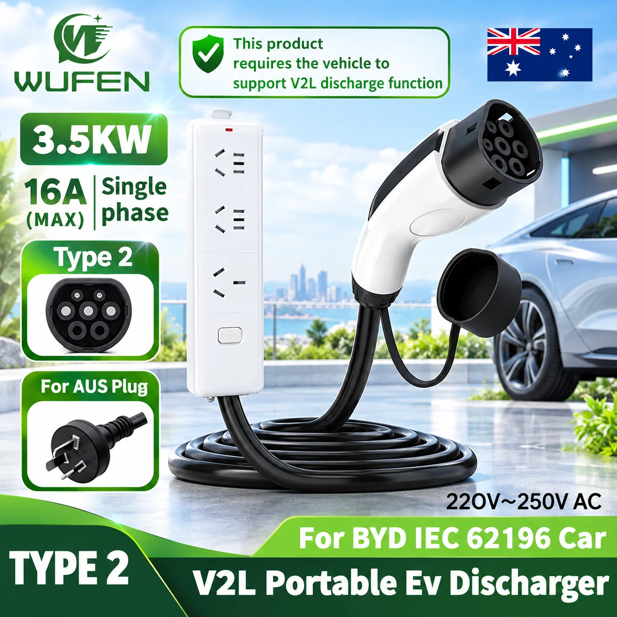 WUFEN for NZ & AUS Electric Car Type2 V2L Discharger 16A 3.5KW V2L Adapter Type2 EV Discharger for XPeng Chery BYD & Other Cars