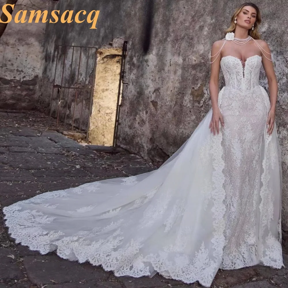 Custom Made Full Of Lace Mermaid Wedding Dresses With Removable Train Sweetheart 2 In 1 Trumpet Bridal Gowns