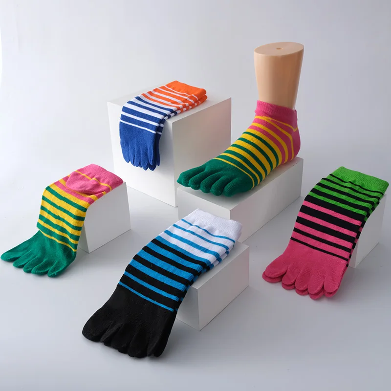 Striped Summer Socks Men Cotton Odor-proof Five-finger Socks Men's Thin Short Tube Toe Socks