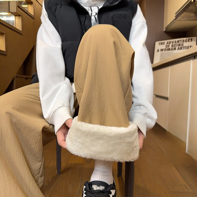 

Прямые брюки с утолщенной плюшевой подкладкой для мужчин, осенне-зимние непромокаемые теплые широкие брюки, мужские уличные брюки 2025 года, брюки на шнурке