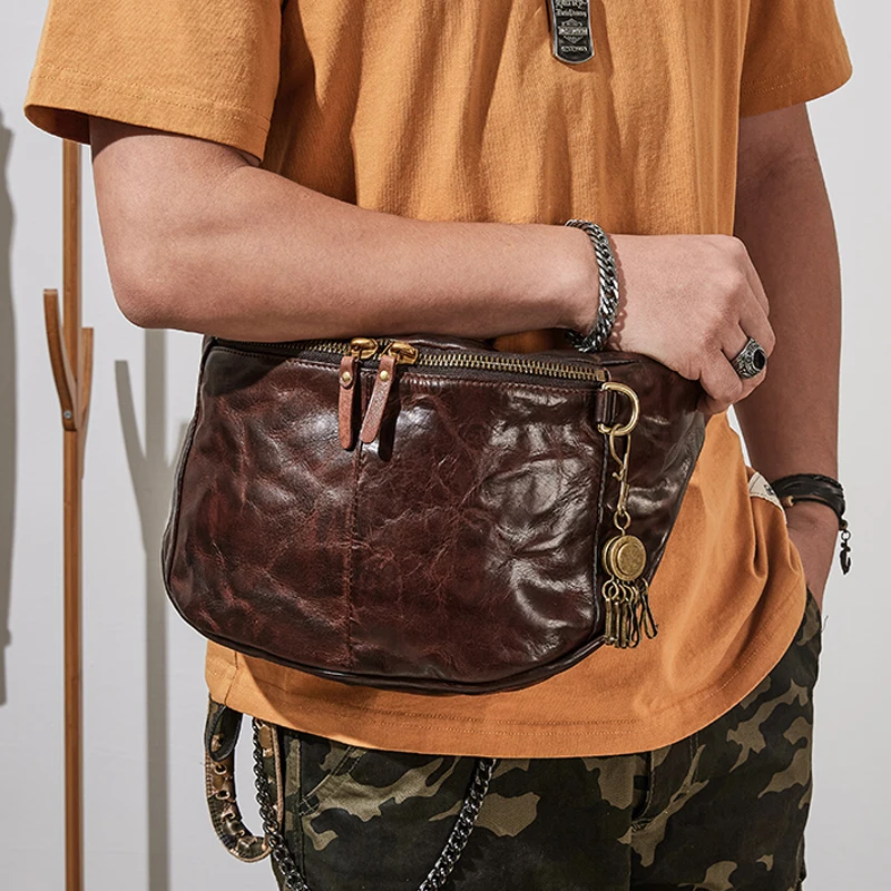 

AETOO Leather chest bag men's large capacity oversized original retro cowhide Fanny pack men's soil multi-functional crossbody