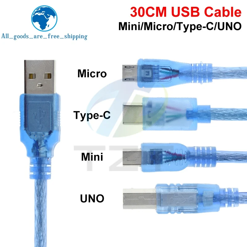 

USB-кабель 30 см для Uno R3/Nano/MEGA/Leonardo/Pro Micro/DUE, синий, высококачественный, USB Type A/Mini USB/Micro USB, для Arduino