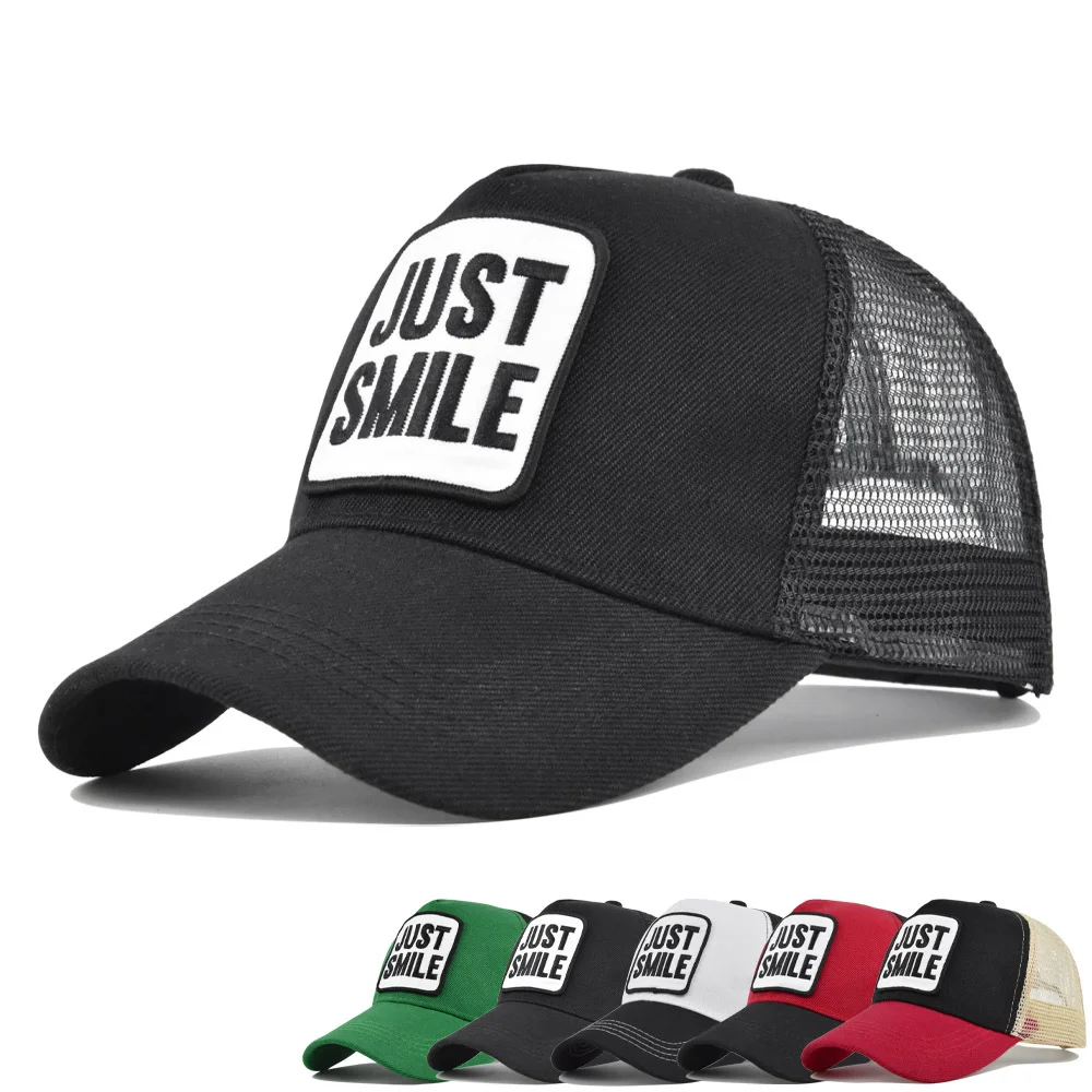 Gorra de béisbol con estampado Just Smile Dad, sombrero de malla para hombres y mujeres