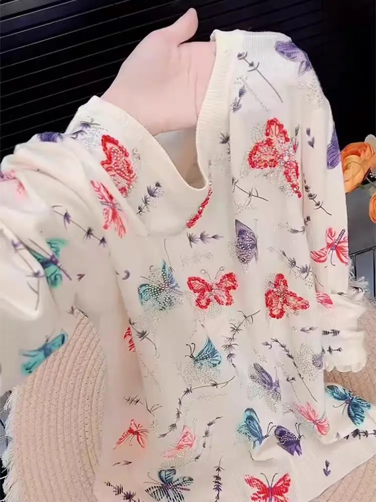 

Высококачественные свитера с блестящими бриллиантами, осенне-весенние джемперы для женщин, милый вязаный пуловер, трикотаж, свитер, топ