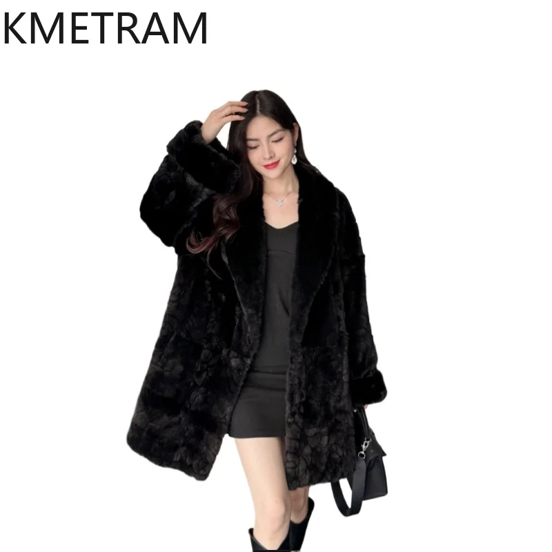 KMETRAM 100% سترة فرو المنك امرأة شال أنيق طوق منتصف طول معطف الفرو الحقيقي الوافدين الجدد الشتاء النساء الملابس 2025 شوهبات