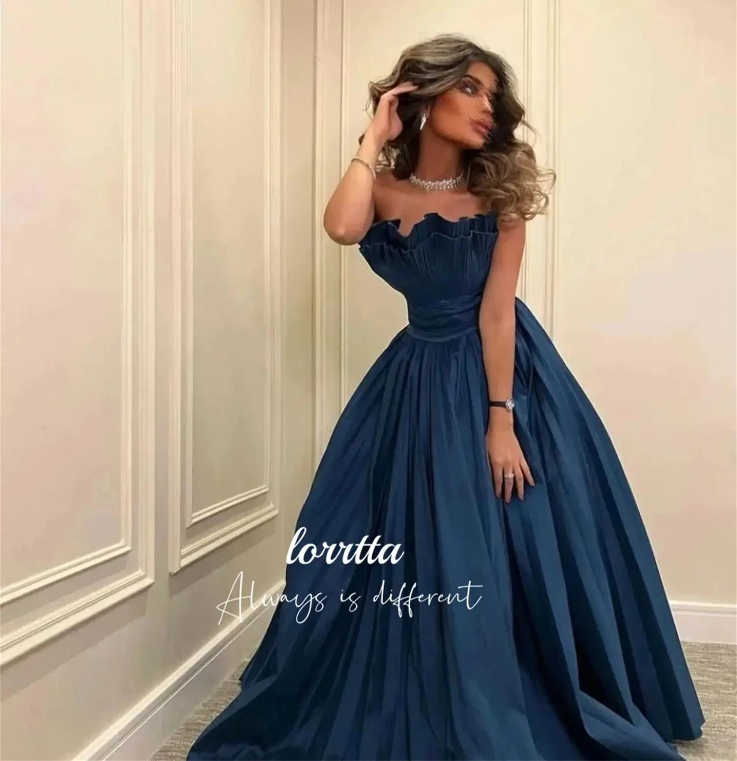 Folds Evening Dress Dark Blue Line A Party Strapless Robe De Soiree Femmes Prom Dresses Customized Elegant Woman Wedding Saudi