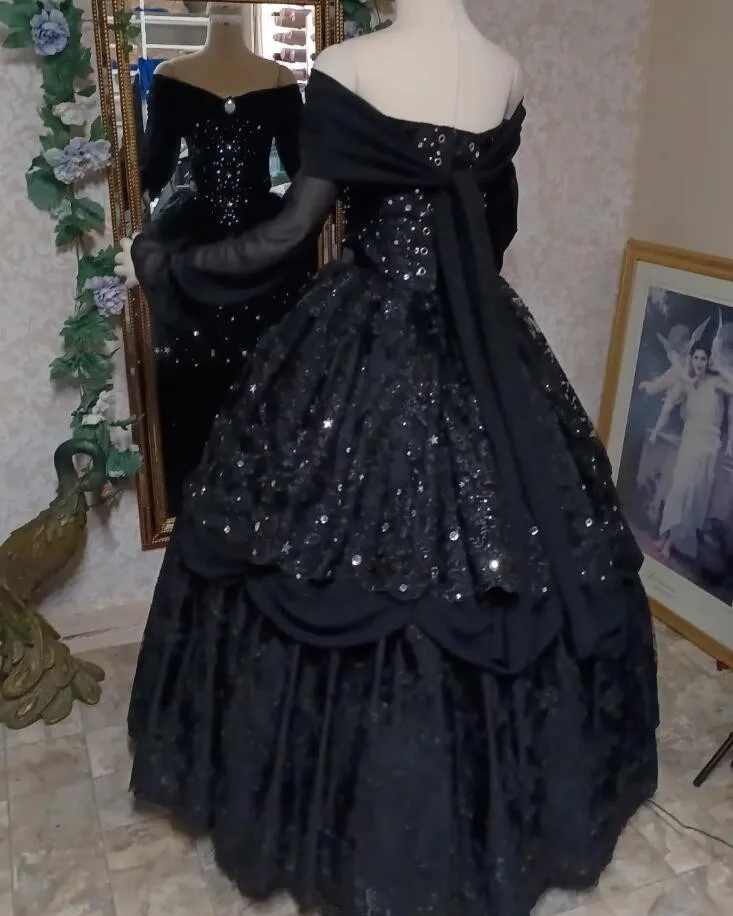 블랙 반짝이 고딕 빅토리아 웨딩 드레스, 긴팔 별, 레이스업 코르셋 벨 코스튬 파리 신부 가운, 맞춤형