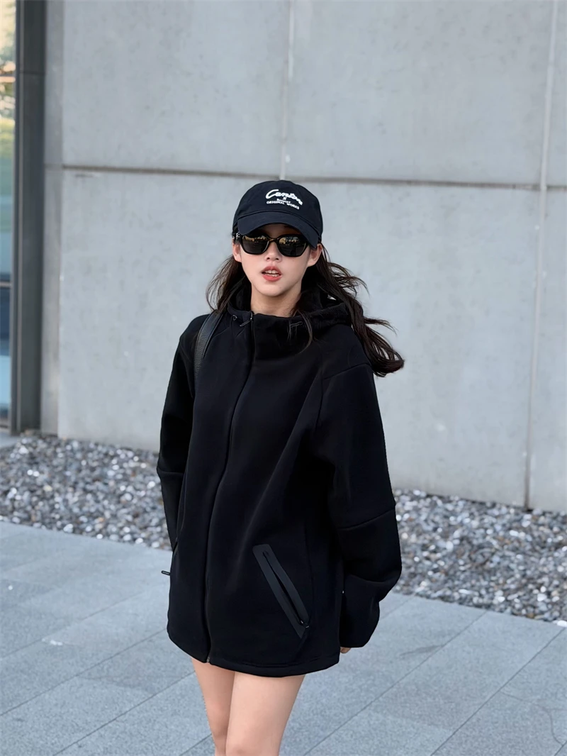 

Thiened Windproof Double-Faced Velvet Jaet Loose Fit Hooded Stand Collar Cardigan Sweatirt for Men And Women in Autumn ...