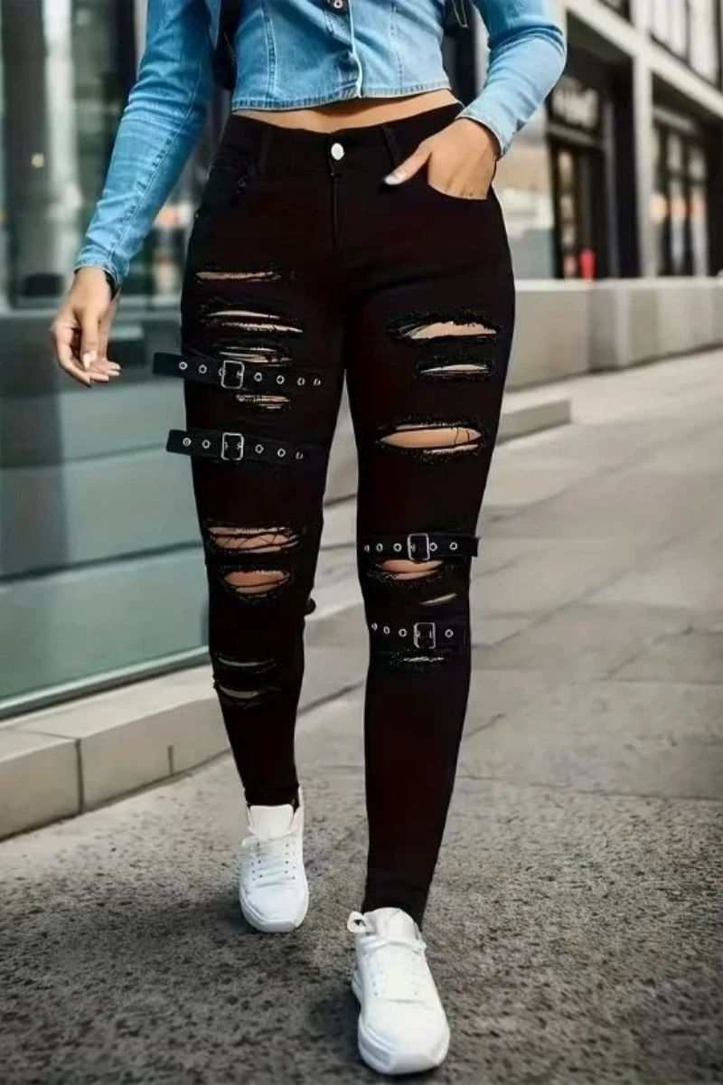 Y2k ジーンズ女性のためのファッション破れたベルトバックルスリムフィットストレッチスキニーパンツハイウエストヴィンテージレトロスタイル