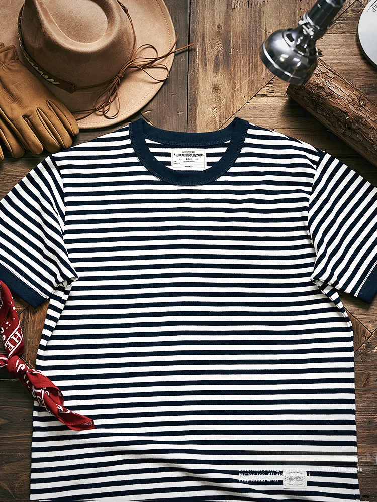

Thiened Pure Cotton American Retro Nautical Blue White Stripes ort Sve Men's T-irt Couple's Casual Sle round Ne