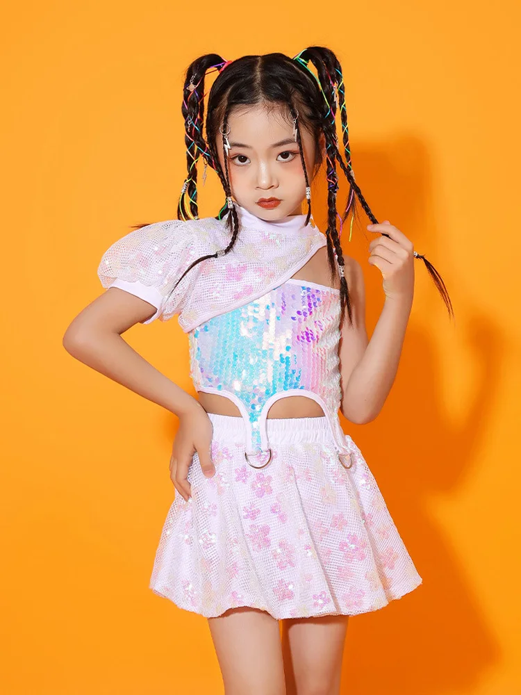 Mädchen Hip-Hop Performance Kostüm Jazz Dance Anzug Kinder Laufsteg Kleidung Rosa Schal + Pailletten Sling + Rosa Rock