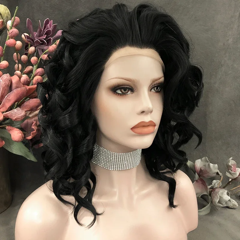 Celebrity 16inch Black Color Lace Front Wig Transparent Small Knots Pre-Plucked Synthetic Hair Wigs