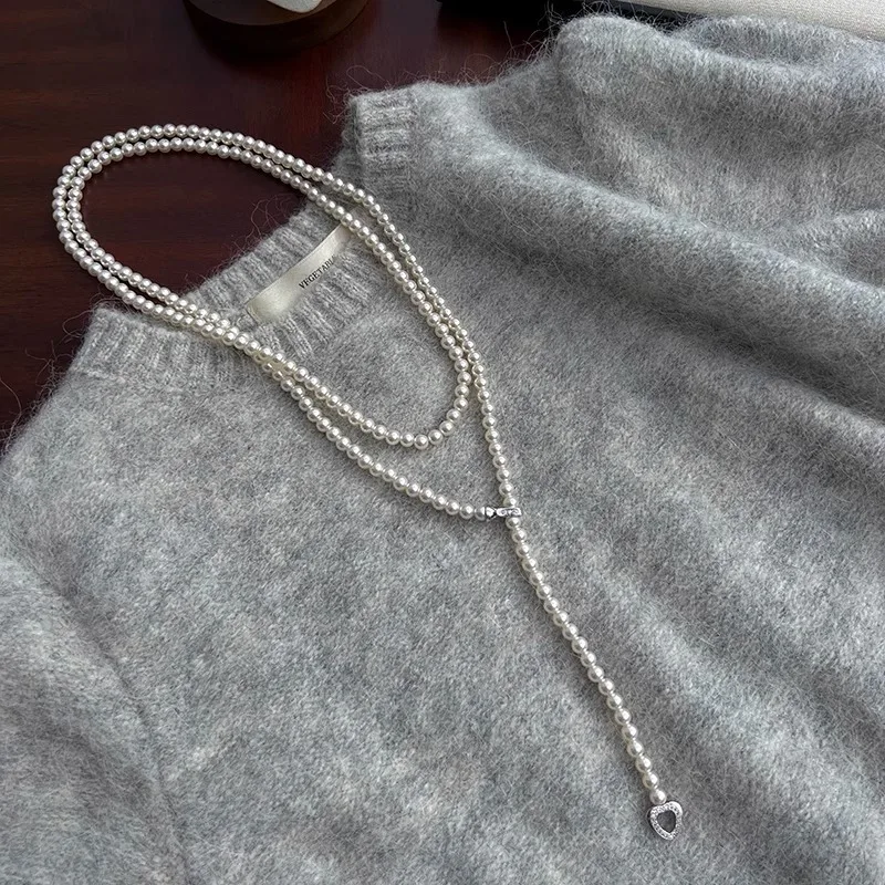 

Multiple Wearing Styles Extended Glass Pearl Micro-inlaid Heart Clasp Necklace Fashionable Gray Pearl Sweater Chain