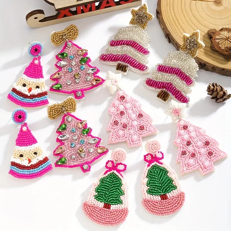 

Vedawas Christmas Boho Handmade Beaded Rhinestone Christmas Tree Earrings,Cute Elegant Festival Party Holiday Women Accessories