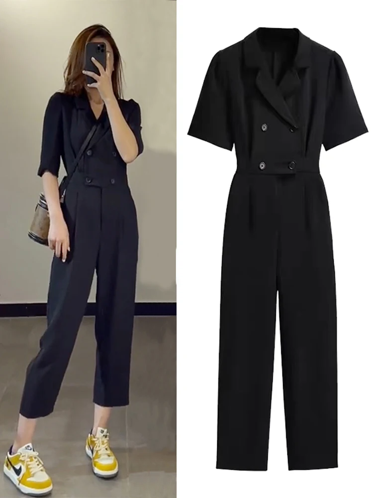 

Casual Short Sleeve Overalls Wide Leg Pants Women Elegant Commuting Jumpsuits 2024 Summer Long Rompers Playsuit Buttons T110