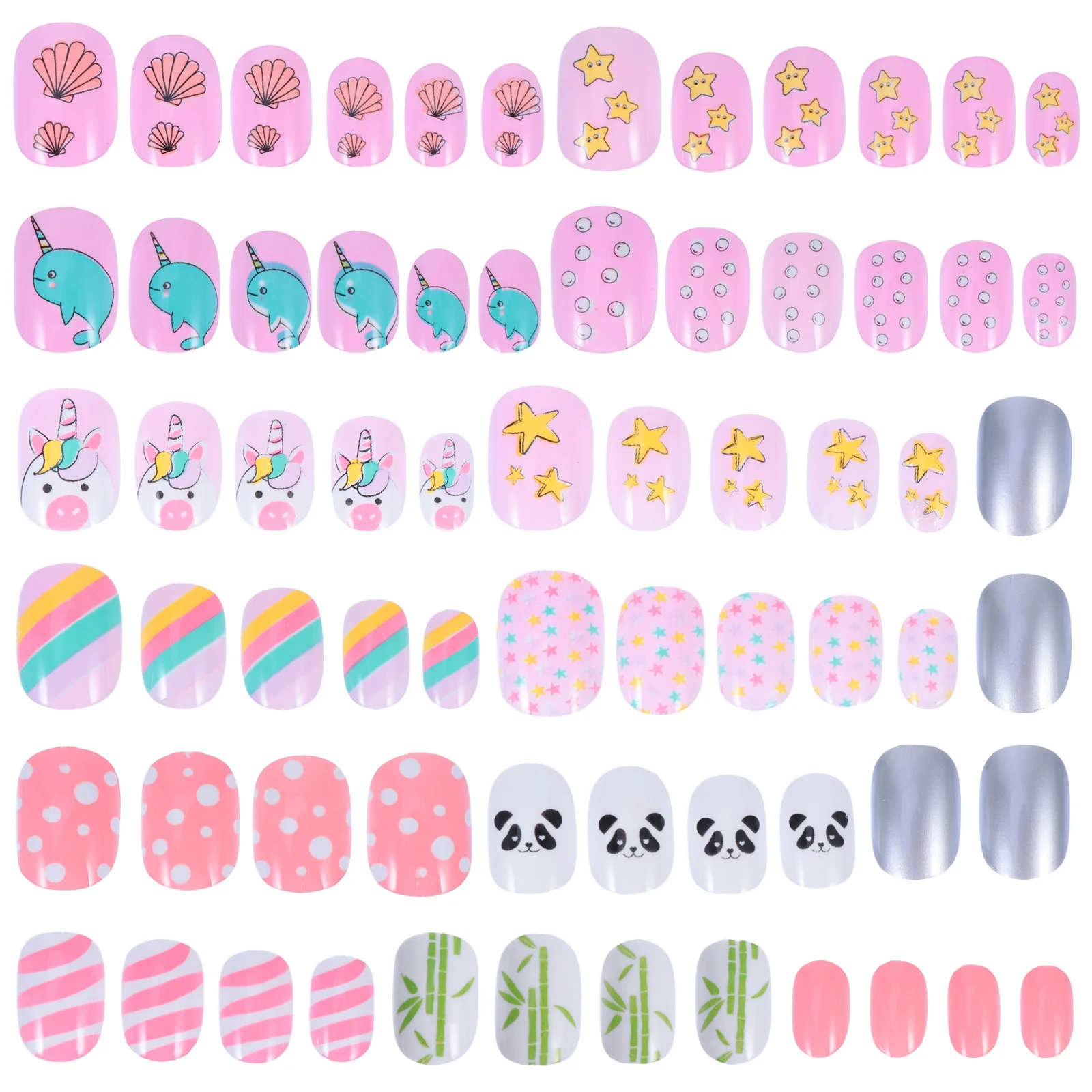 72 Pcs Children's Nail Stickers Decal Manicure Short Nails Glue on Fake Cartoon Tips Decor DIY Supplies