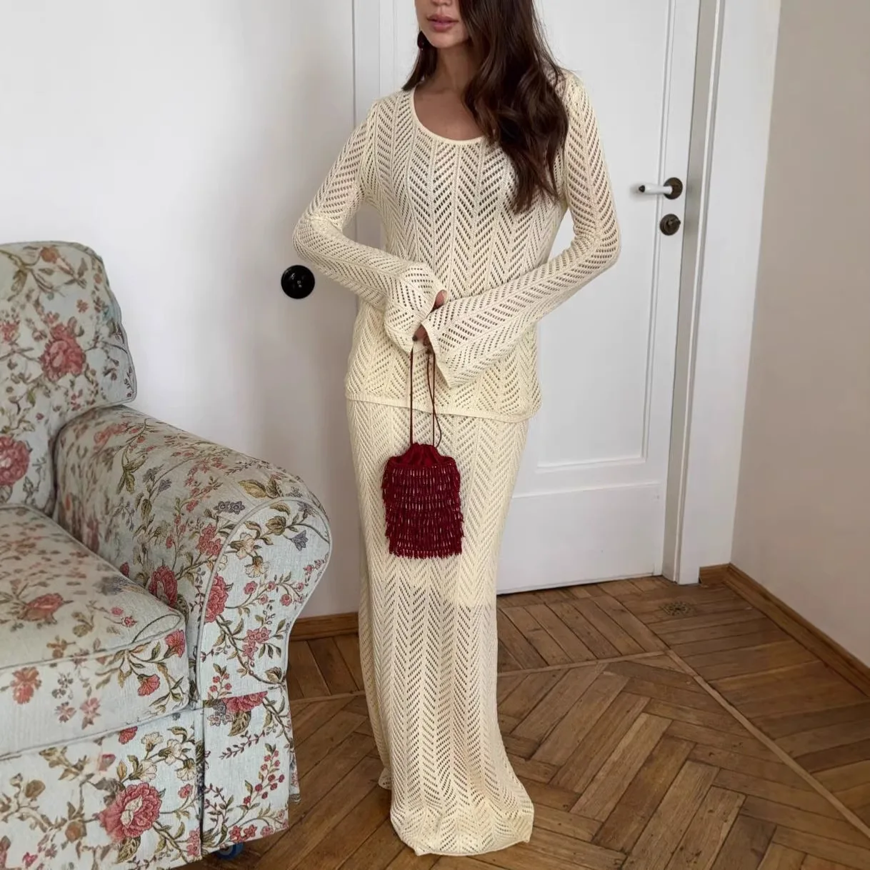 Damen-Strickkleid, langärmelig, figurbetont, Midikleid, lässig, einfarbig, Pulloverkleid, Herbst und Winter, warm, schmal geschnitten, Party-Outfits
