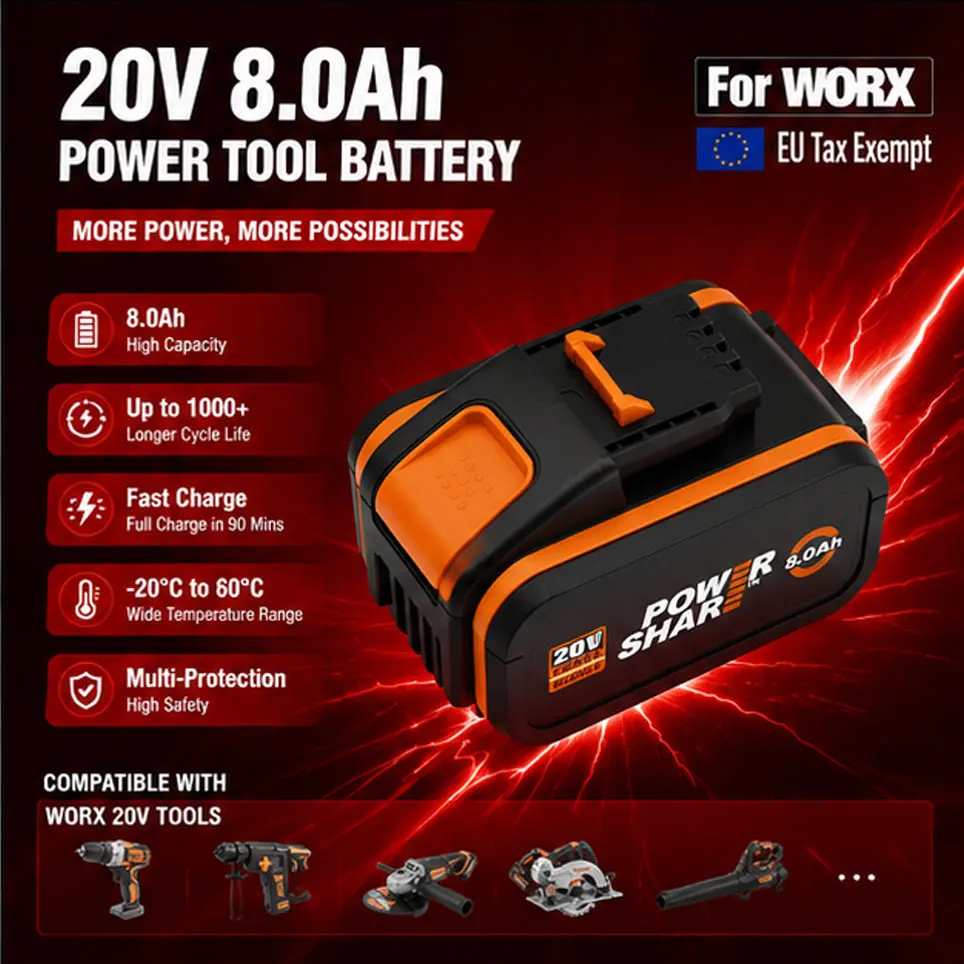 Image of Ersatzakku für Worx 20V 8.0Ah Lithium-Ionen-Akku für Elektrowerkzeuge, passend für WA3553 WA3551 WA3570, Anschluss vor dem Kauf prüfen