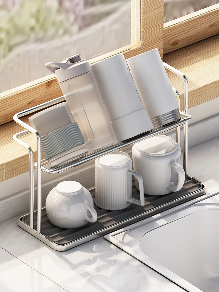 

Stainless steel cup holder household desktop double-layer water cup teacup tea set storage rack drain tray cup storage rack